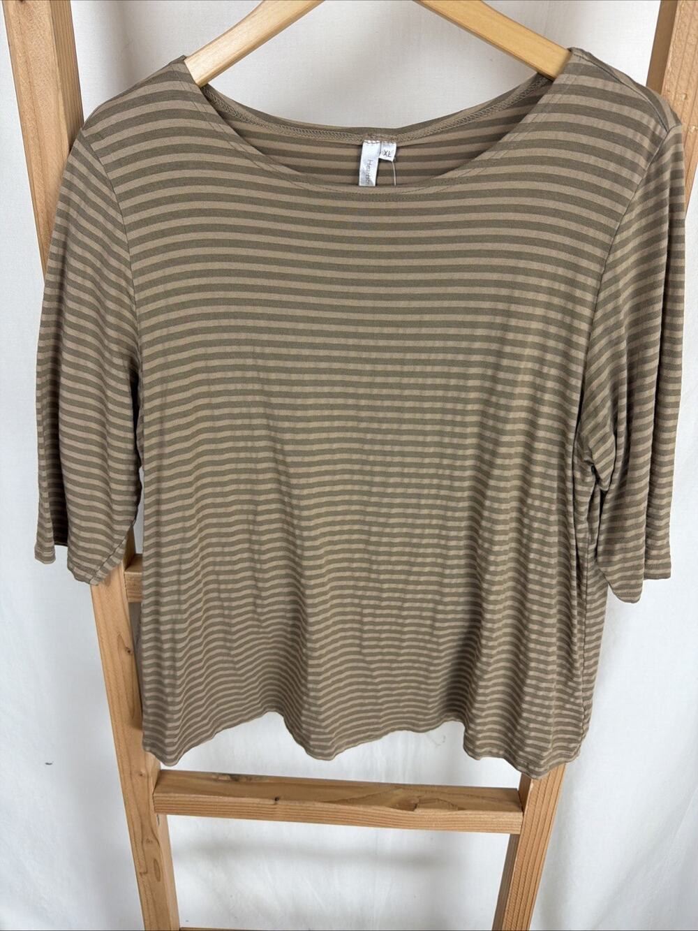 NWT Kleen Brown Cotton Blend 3/4 Sleeve Striped Top #0838 XLarge